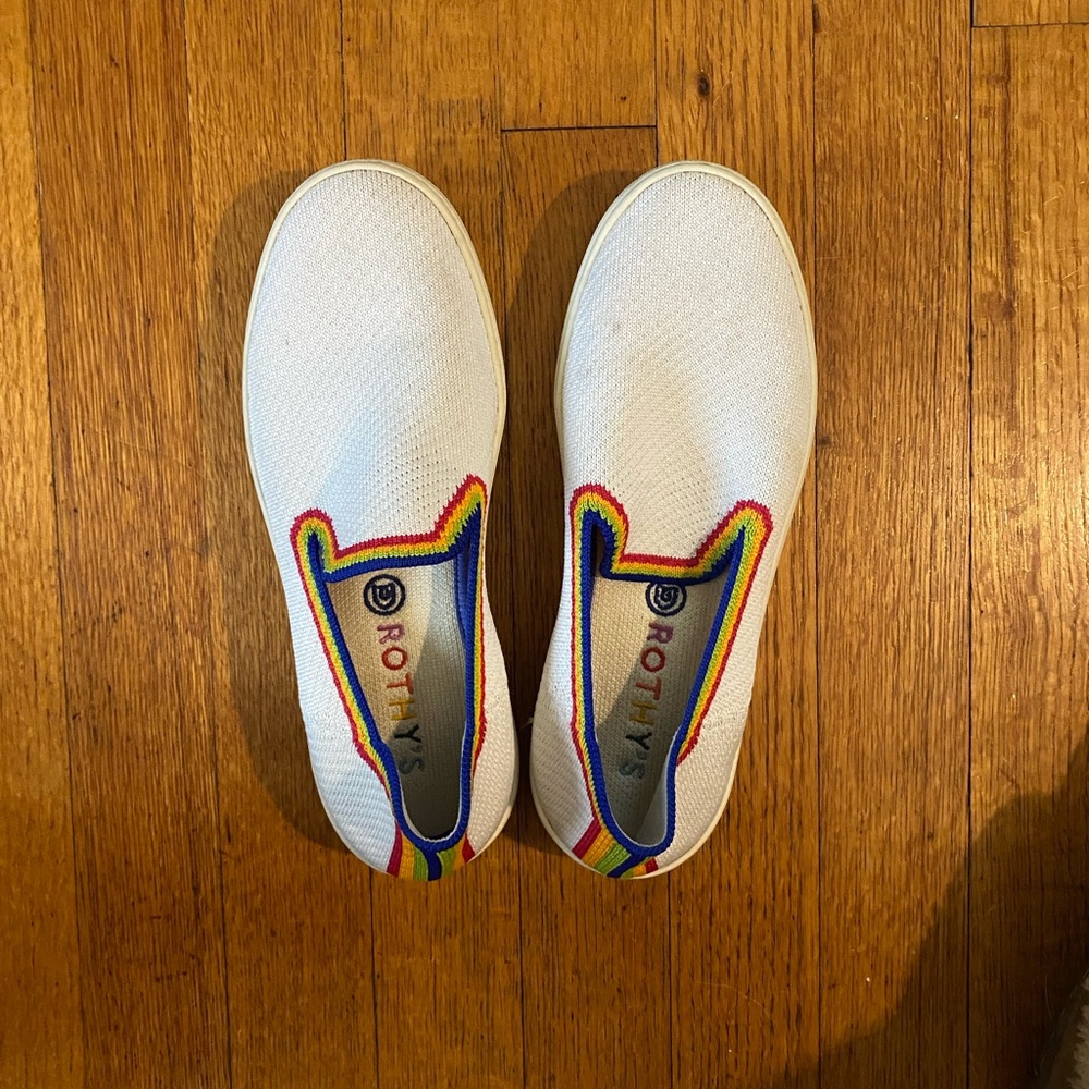 Used Rothy Rainbow slip ons.